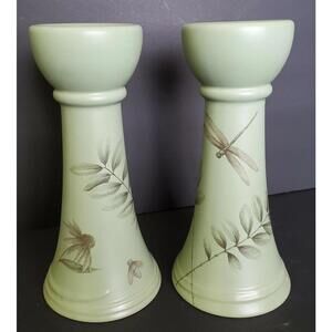 Pfaltzgraff NATUREWOOD Dragonfly & Bee Avacado Green 8.5" Candle Holders x2 EUC